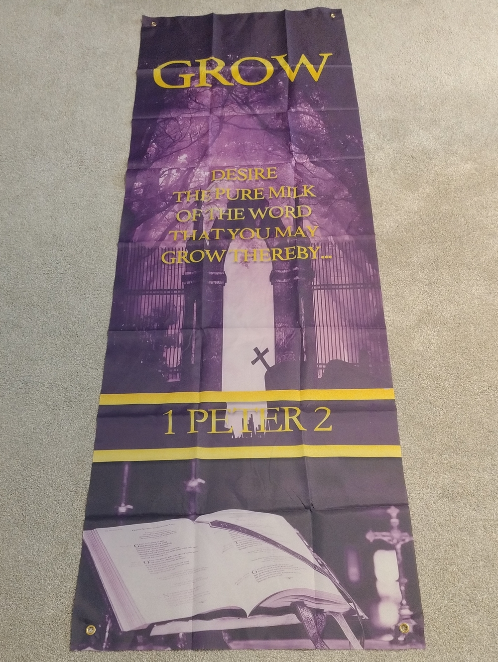 Set Of 4 Church Banners In Purple and Gold Grow, Pray(2) & Love BRAND NEW
